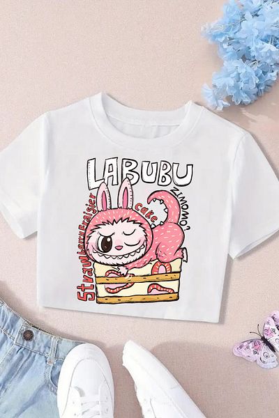 MECH BUTİK Tricou Crop Top cu imprimeu Labubu pentru femei-fete