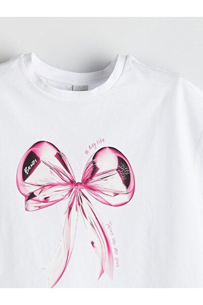 LC Waikiki Παιδικό μπλουζάκι για κορίτσια με στάμπα LCW Kids White Crew Neck Bow
