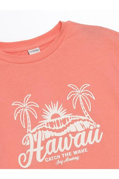 LC Waikiki Παιδικό μπλουζάκι για κορίτσια με στάμπα με λαιμόκοψη LCW Kids Coral