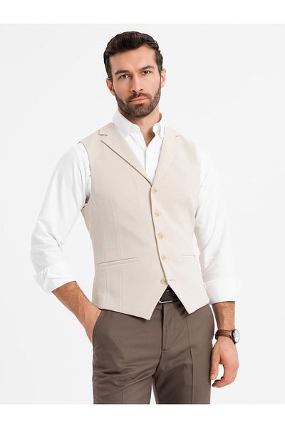 OMBRE Taillierte elegante Herrenweste mit Elasthan und Revers - beige V2 OM-BLZV-0145 XL