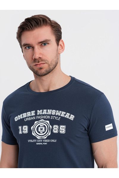 OMBRE Herren-T-Shirt aus Baumwolle mit Aufdruck im College-Stil - Marineblau V3 OM-TSPT-0137 L