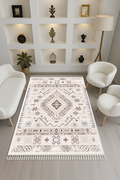 Rugs Modern Halı Leyla Koleksiyonu Eskitme Görünümlü Bej Tonlu Püskül Detaylı...