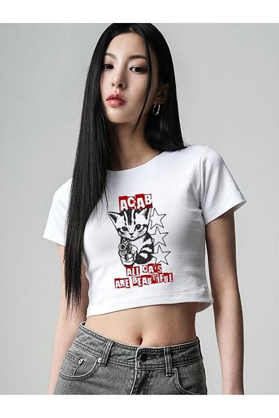 DEEFWEAR Star Cat Printed Trend Printed Crop Top
