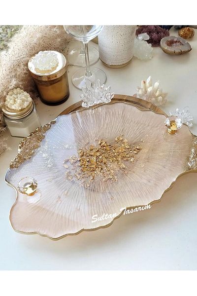 Sultan Tasarım Gold Leaf Rectangular Wavy Patterned Two Person Promise Engagement Groom Presentation Epoxy Tray 18X28 cm