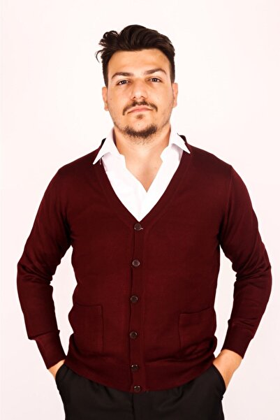 FATELLA Men's Dad Burgundy Buttoned V-Neck Pocketed Thin Knitwear Cardigan