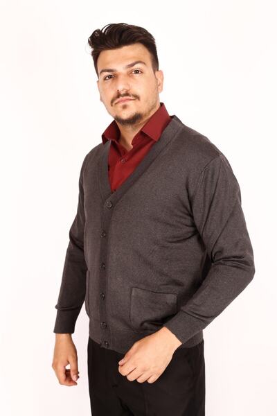 FATELLA Men's Dad Smoked Buttoned V-Neck Pocket Thin Knitwear Cardigan