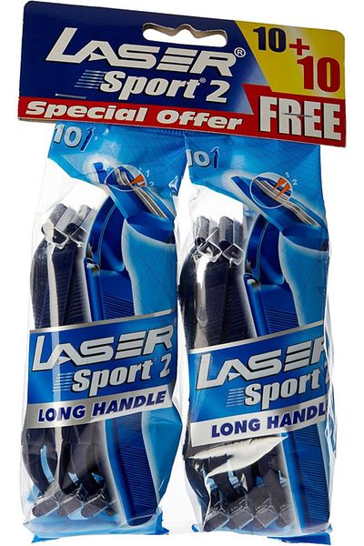 Laser Sport 2 Long Handle Twin Blade Disposable Shaving Razor-20 Pieces