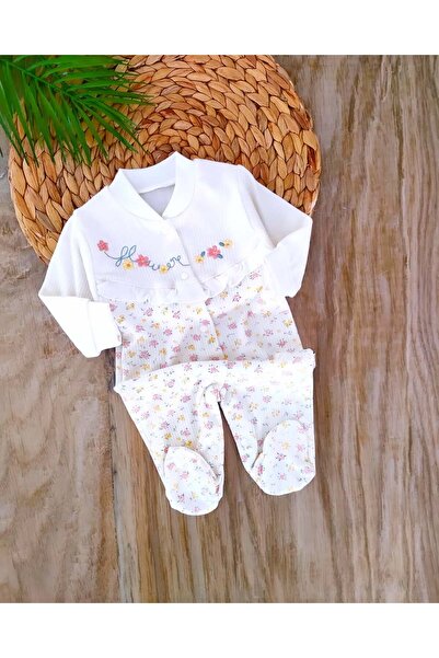 bebe kervanı Kız Bebek %100 Pamuklu Kaneviçe Çiçek İşlemeli Yenidoğan 0-3 Ayl...