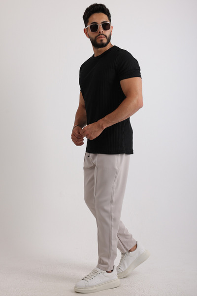 Oyga Men's Ribbed Zinox Fabric T-Shirt & Zippered Double Fabric Trousers Set