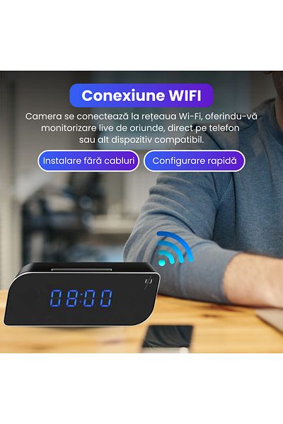 Spionescu Clock with hidden video camera – WiFi, Night Vision, 150° wide angle, motion sensor, FULL HD