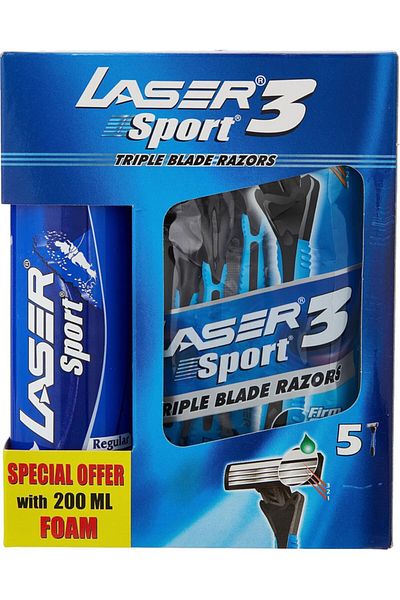 Laser Sport 3 Three Blade Disposable Shaving Razor- 5 Pieces + Laser Sport Shaving Foam 200ML