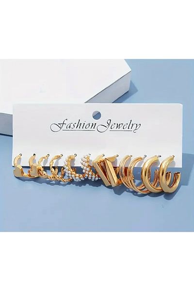 Pinkimaj Set of Multi-Ring Earrings with Pearls Detail 6 Pcs