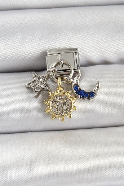 Celira Steel Dangle Zircon Stone Sun Moon and Star Multiple Model Silver Color Nomination Charm