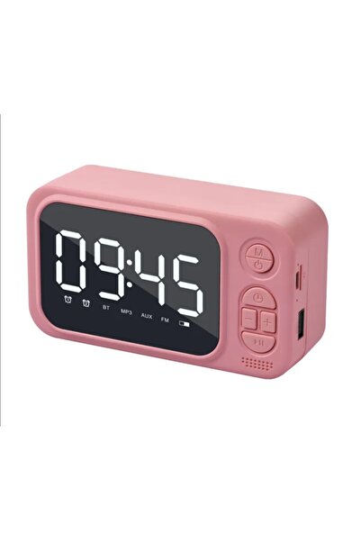 keyfim shop Bluetooth Hoparlör FM Radyo Alarmlı Dijital Masa Saati Pembe