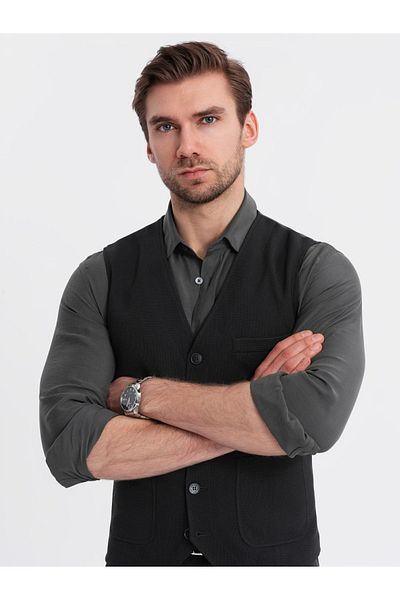 OMBRE Taillierte strukturierte Herrenweste mit aufgesetzten Taschen - schwarz V1 OM-BLZV-0146 S