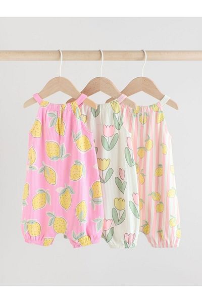 Next Baby 100% Cotton Soft Pink Lemon Printed 3-Piece Romper Set