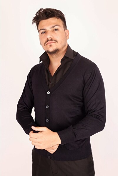 FATELLA Men's Dad Navy Blue Buttoned V-Neck Pocketed Thin Knitwear Cardigan