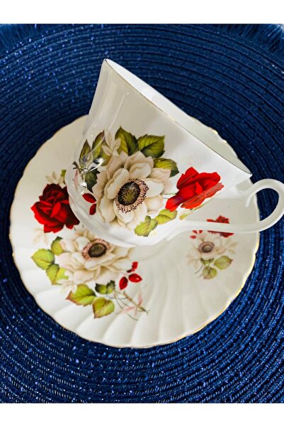 Royal İngiliz Kraliyet Royal Kendal Çiçek Desenli Altın Yaldızlı Kemik Porselen Çay/Kahve Fincanı