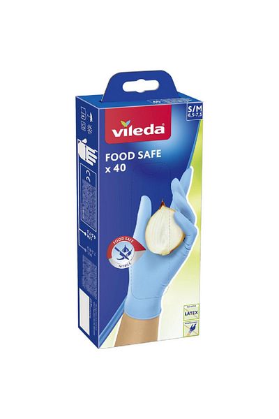 Vileda قفازات نتريل للاستخدام مرة واحدة خالية من البودرة وآمنة غذائيًا، 40 قطعة، أزرق فاتح، مقاس صغير/متوسط