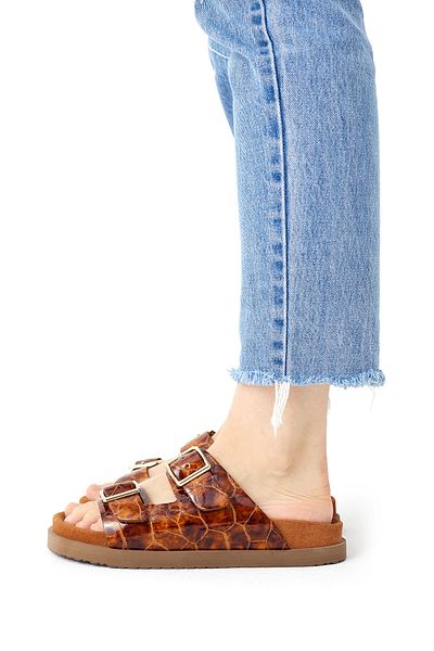 SOFT Women's Tan Buckle Croco Patterned Orthopedic Casual Slippers–Comfortable Sole Summer Sandals Stylish and Comfortable