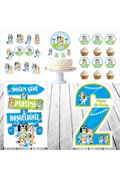 SİYAH PARTİ EVİ 2 Year Old Bluey Birthday Cake Decoration Standing Board Set