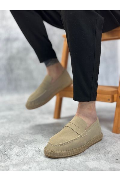 EBRUS TREND Et0359 Natural Leather Powder Laceless Rubber Handmade Espadrille Sole Cream Color Men's Shoes