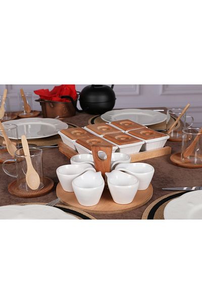 Asi Home Breakfast Serving Set with Wooden Tray, Ceramic Bowls and Bamboo Lid – 26 Pieces
