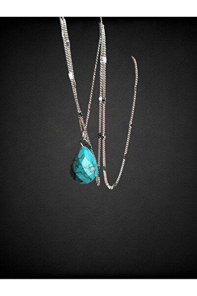 CLOVER JEWELRY Turkuaz (Firuze) Doğal Taş Gümüş Zincir Kolye