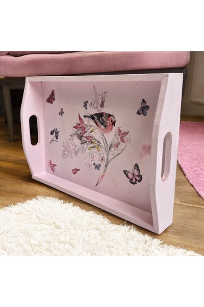 Atölye Kiraz Bird and Butterfly Patterned Hand Decorated Wooden Tray – 20X30 cm (Dkr86)