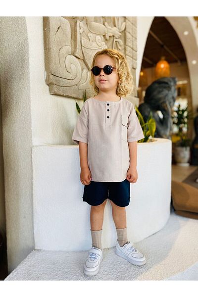 Next Baby Laciel Paris Cream Short Sleeve Muslin Shirt Navy Blue Shorts Bottom Top Set