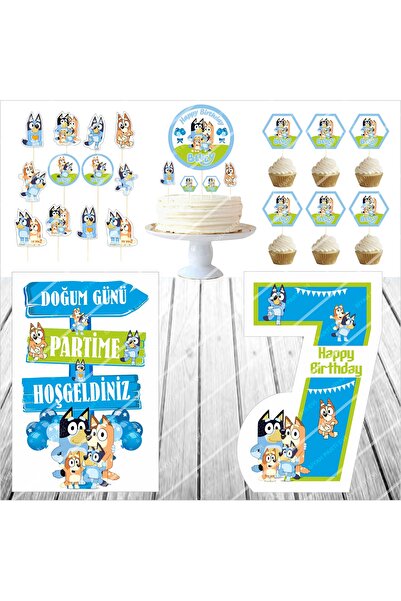 SİYAH PARTİ EVİ 7 Year Old Bluey Birthday Cake Decoration Standing Board Set