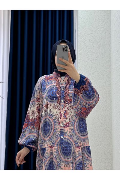Mihra Φόρεμα Yeleva με μικτό σχέδιο με πατίνι-PE606 Navy Blue