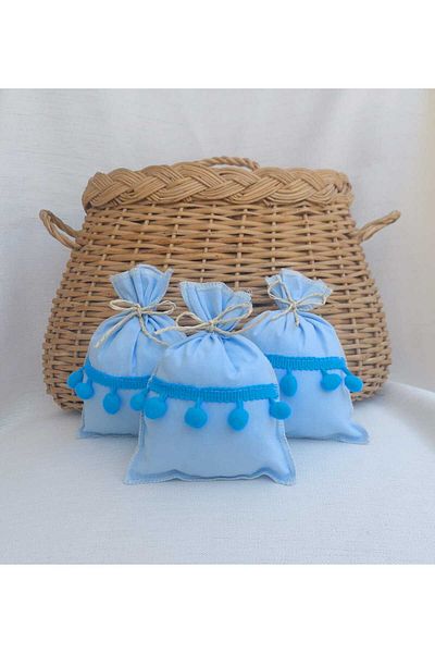 Hobizer Blue Pompom 9X14 cm Multi-Purpose Circumcision, Gender, Age Party, Teeth Party Pouch 10 Pieces