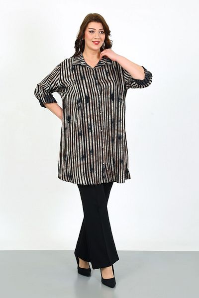 By Alba Collection Women's Tan Striped Cotton Viscose Large Size Tunic
