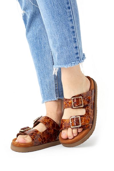 SOFT Women's Tan Buckle Croco Patterned Orthopedic Casual Slippers–Comfortable Sole Summer Sandals Stylish and Comfortable