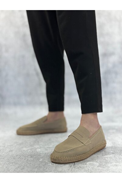 EBRUS TREND Et0359 Natural Leather Powder Laceless Rubber Handmade Espadrille Sole Cream Color Men's Shoes