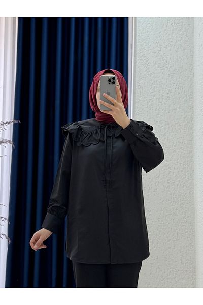 Mihra Tirelle πουκάμισο με λεπτομέρεια βολάν γιακά-EU2918 Μαύρο