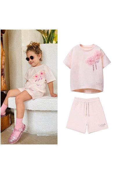 Next Baby Laciel Paris Soft Pink Tulle Floral Print Short Sleeve Shorts Bottom Top Set
