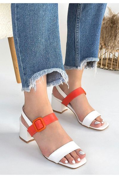 Celira Year White Skin Orange Detailed White Heeled Shoes