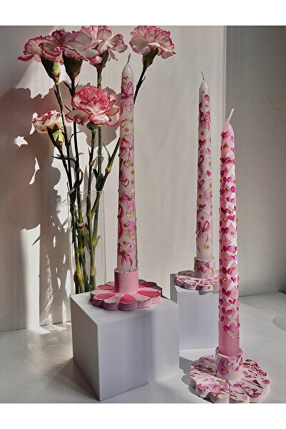 inrobert Özel Tasarım El Boyaması Şamdan Mum Seti – Pembe Kalp & Fiyonk Desenli