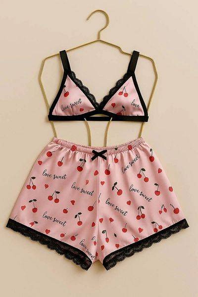 shiny date Cherry Patterned Satin Shorts Pajama Set