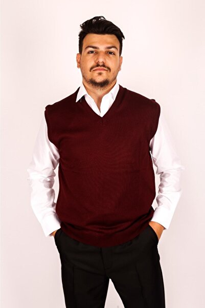 nacar çarşı Men's Dad V-Neck Burgundy Knitwear Sweater – Classic and Stylish