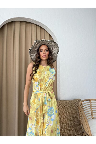 Moda Lounge Desenli İspanyol Paça Kuşaklı Tulum