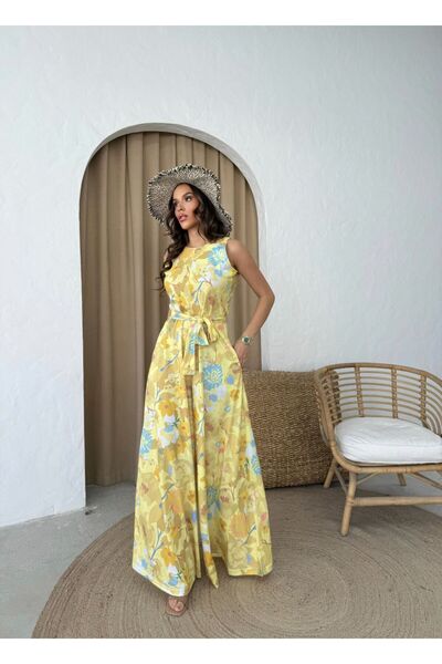 Moda Lounge Desenli İspanyol Paça Kuşaklı Tulum