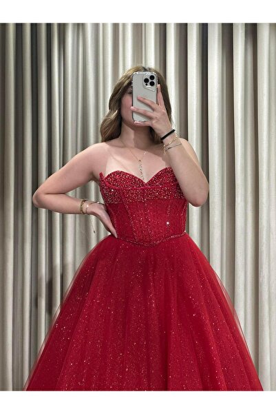 Kaleiçi Yıldızlar Kırmızı Çift Yaka Prenses Model Nişanlık-Abiye