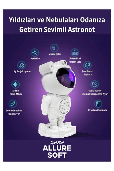 Allure soft Bluetooth’lu Astronot Gece Lambası Renkli Işık Uzay Dekoru Çocukl...