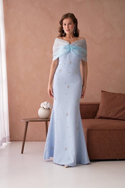 BK BOUTİQUE Organze Tül Düşük Omuz Taş Detaylı Balık Uzun Abiye