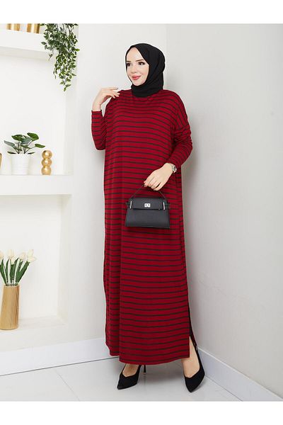MODAMÜNASİP Our Striped Viscose Combed Cotton Dress with a Fabric That Doesn'T Define the Line of the Hat