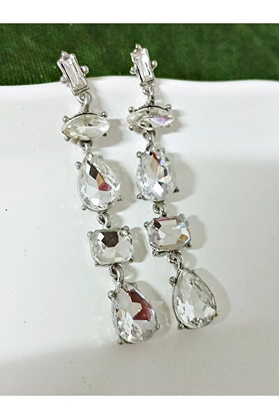 mos&more Gümüş Beyaz Taşlı Sallantılı Uzun Abiye Kadın Küpe