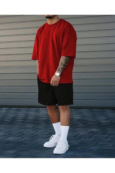 ModaSphere Unprinted Oversize Mold Red T-Shirt and Black Shorts Double Set Unisex